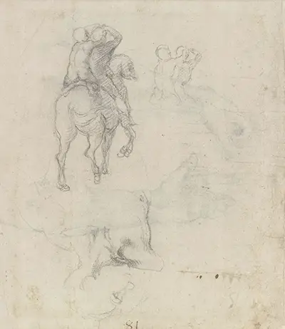 Estudios de un caballo con dos jinetes desnudos y un torso masculino Miguel Ángel